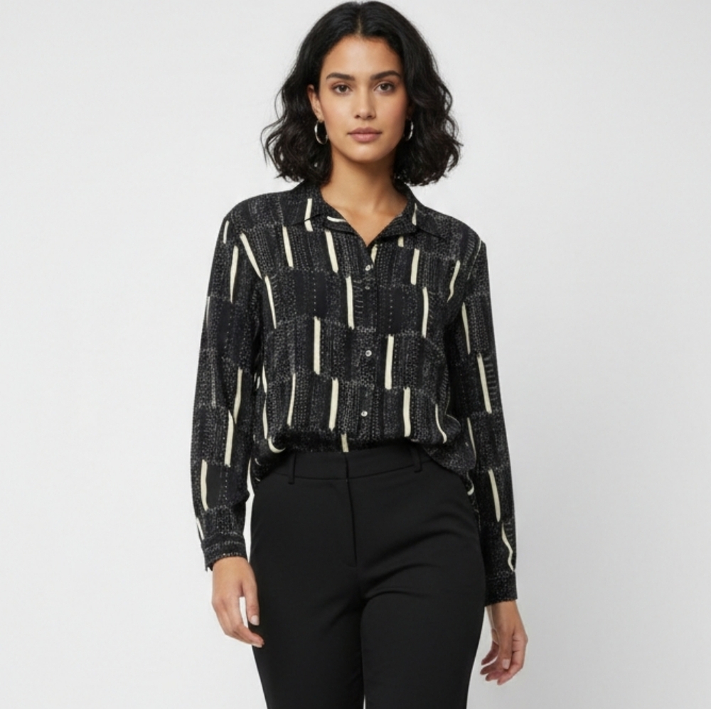 Alia Blouse Black Cream Button Down Polka Dot Patchwork Office 20WP Deadstock